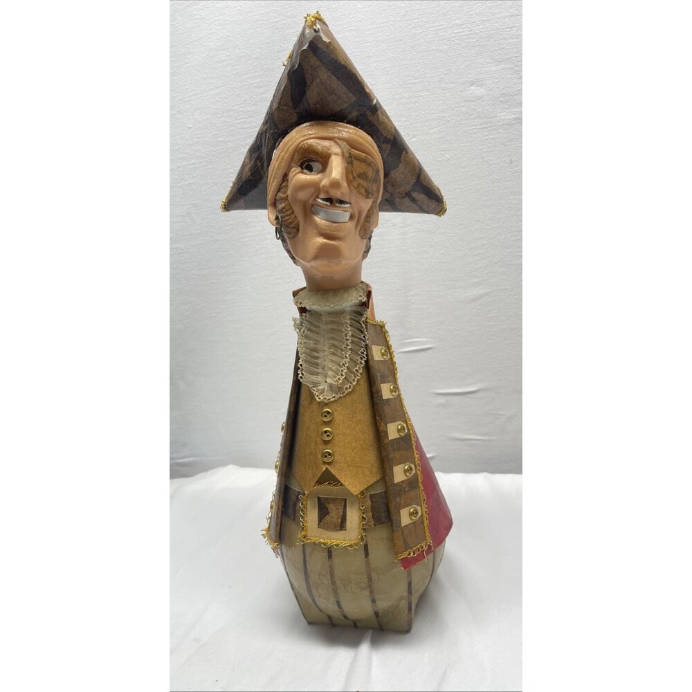 Vintage Bar Decanter Folk Art Paper Mache Pirate Figure Bottle 17.5” Tall RARE